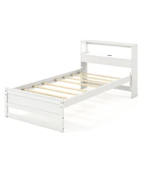 Gymax Twin Wooden Bed Frame w/ Charging Station & Led Light Storage Headboard