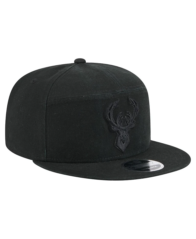 New Era Men's Black Milwaukee Bucks Adventure Canvas Split Panel 9FIFTY Snapback Hat