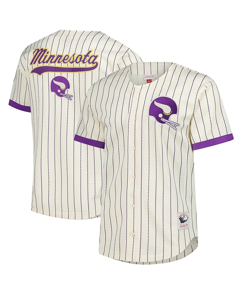 Mitchell & Ness Men's Cream Minnesota Vikings Vintage Logo Final Seconds Full-Button Mesh T-Shirt