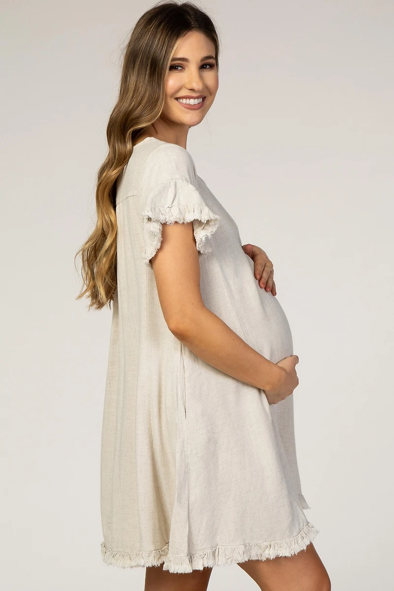Pinkblush Maternity Beige Fringe Linen Dress