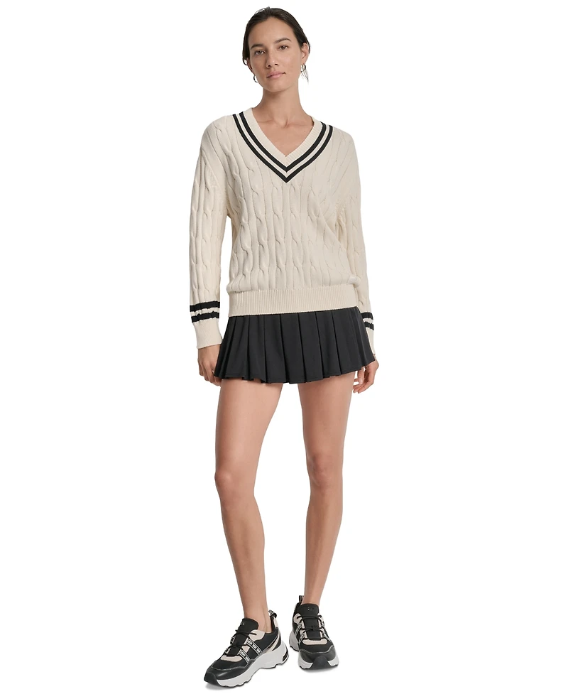 Dkny Sport Women's Cotton Cable Knit V-Neck Sweater