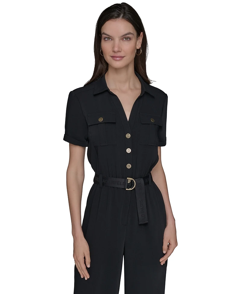 Karl Lagerfeld Paris Women's Button-Down Belted Jumpsuit