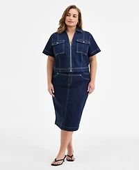 Bar Iii Trendy Plus Size Seamed Denim Zip-Front Top, Exclusively at Macy's