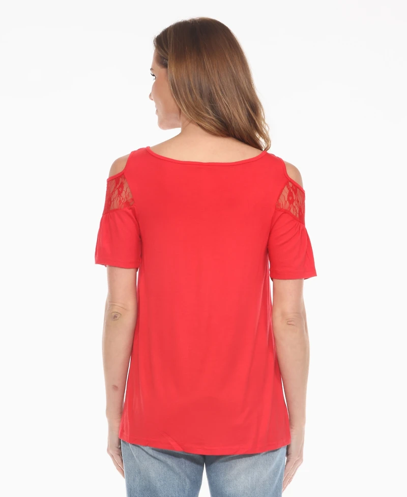 White Mark Women's Cold Shoulder Lace Trim Knit Top