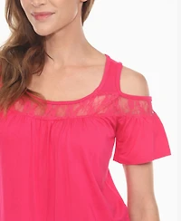 White Mark Women's Cold Shoulder Lace Trim Knit Top