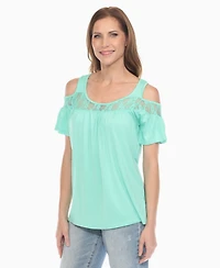 White Mark Women's Cold Shoulder Lace Trim Knit Top