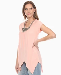 White Mark Women's Beaded Angled Hem Knit Top