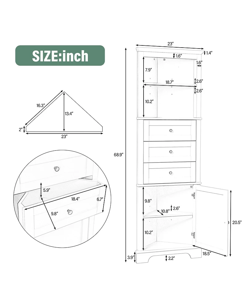 Casainc 68.9"H Triangle Tall Cabinet with 3 Drawers and Adjustable Shelves for Bathroom/Living Room