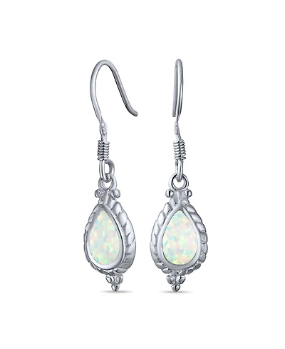 Bling Jewelry Antique Cable Milgrain Cameo Style Teardrop Iridescent White Created Opal Drop Dangle Earrings .925 Sterling Silver French Wire