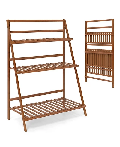 3-Tier Bamboo Ladder Shelf Foldable Plant Flower Bookshelf