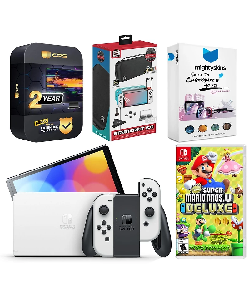 Nintendo Switch White Oled Console with New Super Mario Bros. U Deluxe, Surge Accessory Gaming Kit, MightySkins Console and Controller Skin Voucher, a