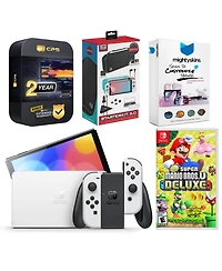 Nintendo Switch White Oled Console with New Super Mario Bros. U Deluxe, Surge Accessory Gaming Kit, MightySkins Console and Controller Skin Voucher, a