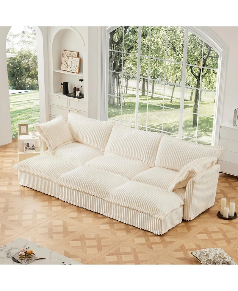 Streamdale Cream Corduroy 3-Seat Sofa with Ottomans & Sleeper