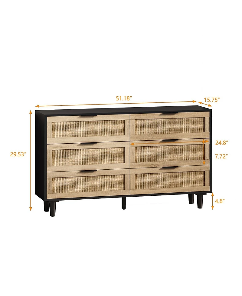 Streamdale Furniture 51.18"6-Drawers Rattan Storage Cabinet Rattan Drawer, for Bedroom, Living Room