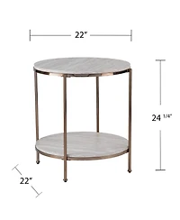 Faux Marble and Iron Round End Table with Shelf for Modern Living Room