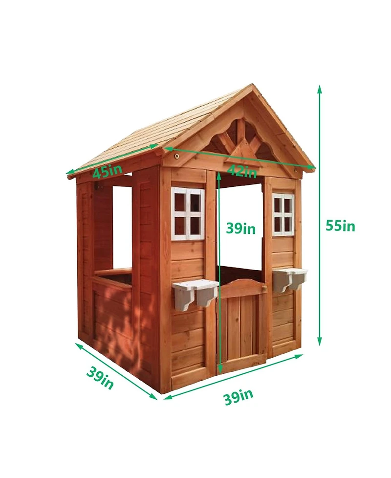 All Wooden Kids Playhouse with 2 windows and flowerpot holder