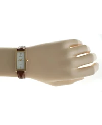 Peugeot Women's Rectangular Gold-Tone Case Watch Glossy Brown Leather Strap