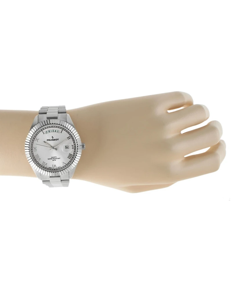 Peugeot Men's 40mm Silver Face Fluted Bezel Stainless Steel Bracelet Watch