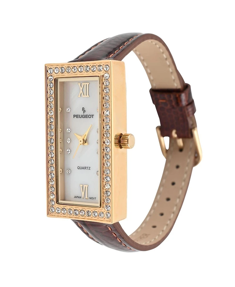 Women's 35x20mm Crystal Bezel Watch with Glossy Brown Leather Strap