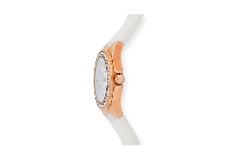 Peugeot Women's Rose Gold Wrist Watch with Crystal Bezel and Silicone Rubber Band