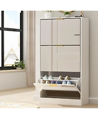 Wooden 3-door natural shoe cabinet,Mirror door panel, multi-purpose shoe rack with metal handles