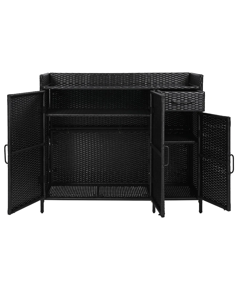 Wicker Outdoor Storage Cabinet & Bar Table Combo