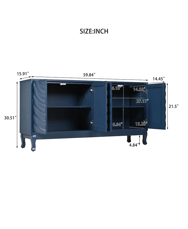 Navy Blue Sideboard with Wavy Doors & Arched Groove Design