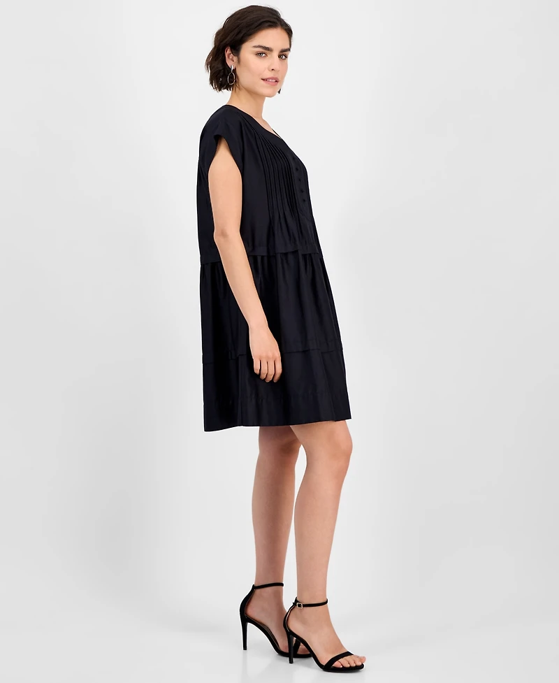 Robbie Bee Women's Short-Sleeve Pintuck Cotton Babydoll Dress