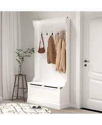Entryway Bench with Coat Rack, Shoe Storage, & Hooks - White