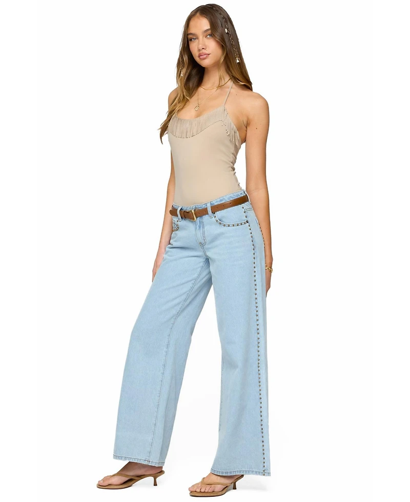 Edikted Women's Colbie Faux Suede Fringe Trim Bodysuit