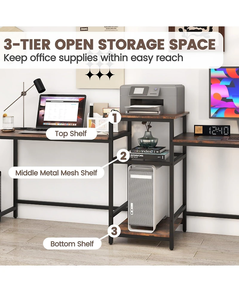 2-Person Computer Desk with Power Outlet and Printer Stand