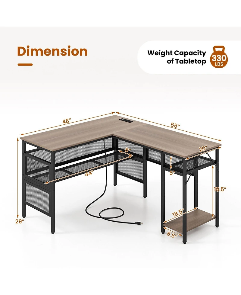 L-Shaped Computer Desk with Charging Station and Adjustable Shelf