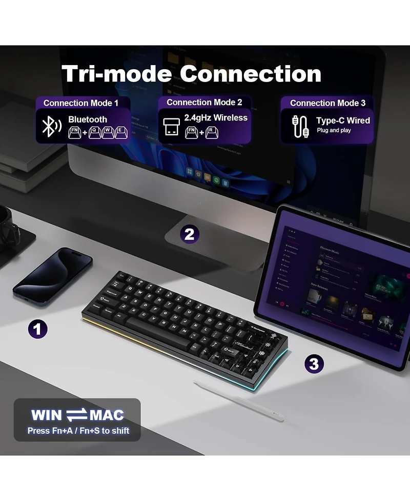 Yunzii AL65 Wireless Mechanical Keyboard, Full Aluminum Cnc,Support Qmk/Via Software Gasket Structure,60% Hot Swappable with Rgb Backlit Bt/2.4G/Usb-c