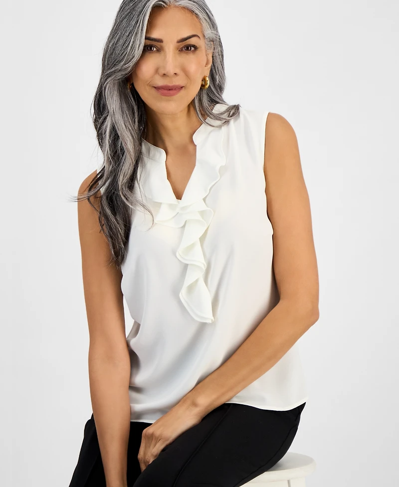 Kasper Petite Sleeveless Ruffle-Neck Blouse