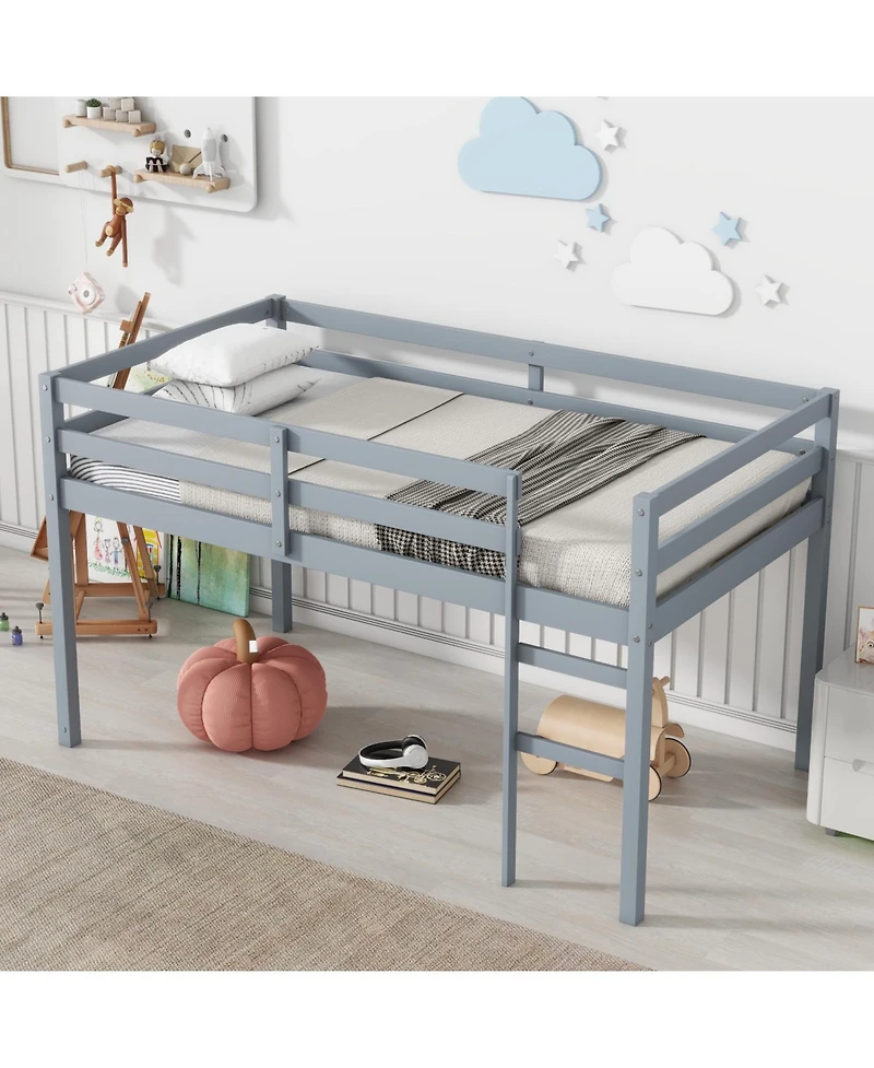 Streamdale Furniture Solid Wooden, Rubber Wooden Twin Loft Bed with Ladder, Bed Platform of Strengthened Slats, Grey