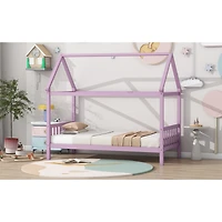 Twin House Bed with Headboard and Footboard, Twin Rubber Wood Bed with House Frame,Pink