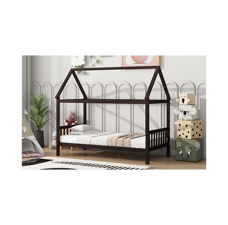 Streamdale Twin House Bed with Headboard and Footboard, Twin Rubber Wood Bed with House Frame,Esspresso