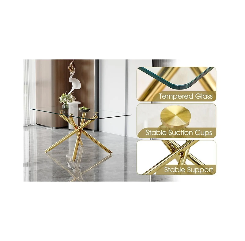 Streamdale Modern Glass Dining Set 6 Chairs, Gold Table & Chair Legs