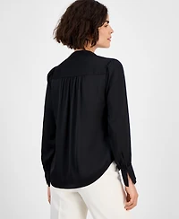 Anne Klein Women's Textured Split-Neck Long-Sleeve Top