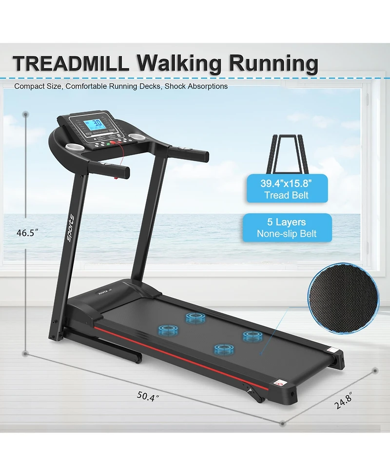 Electric Walking Running Treadmill Machine 5" Lcd Screen 250 Lb Capacity Bluetooth Music