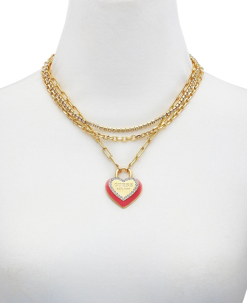 Guess Gold-Tone Crystal Logo Heart Layered Pendant Necklace, 18" + 2" extender