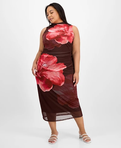 Madden Girl Trendy Plus Size Ruched Floral-Print Mesh Dress