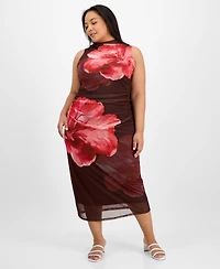 Madden Girl Trendy Plus Size Ruched Floral-Print Mesh Dress