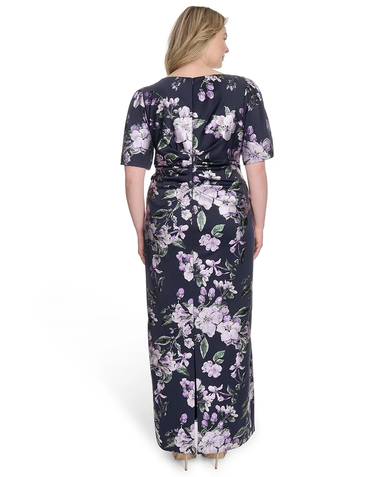 Jessica Howard Plus Printed Boat-Neck Gown