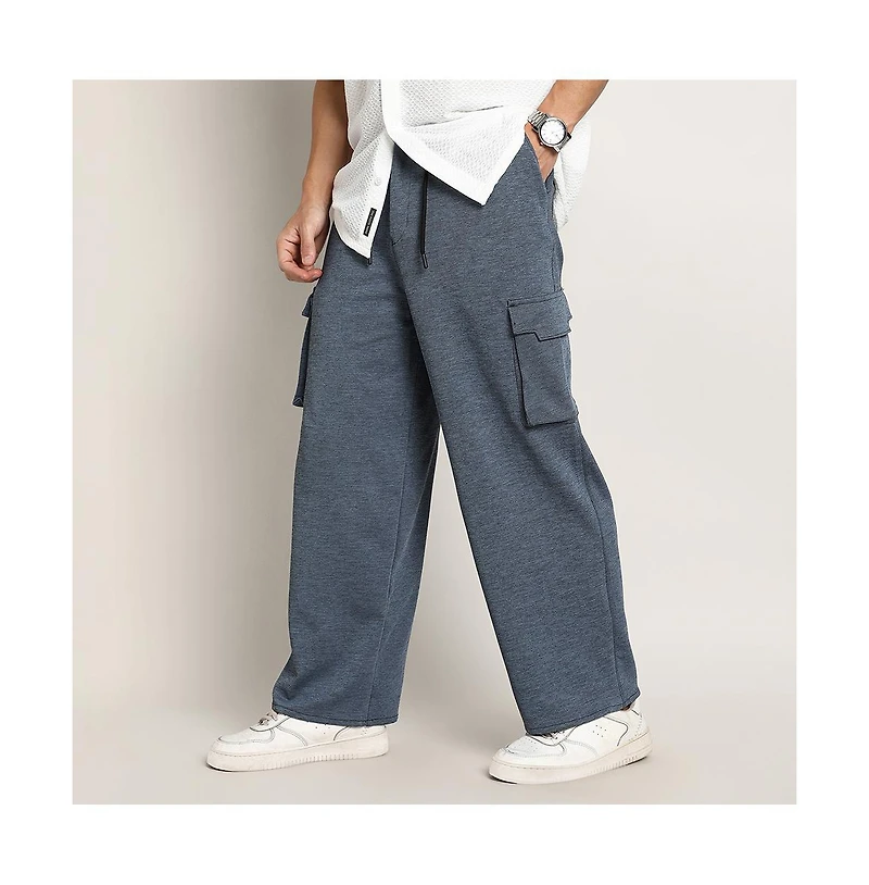 Campus Sutra Men's Prussian Blue Heathered-Relaxed Cargo Trousers