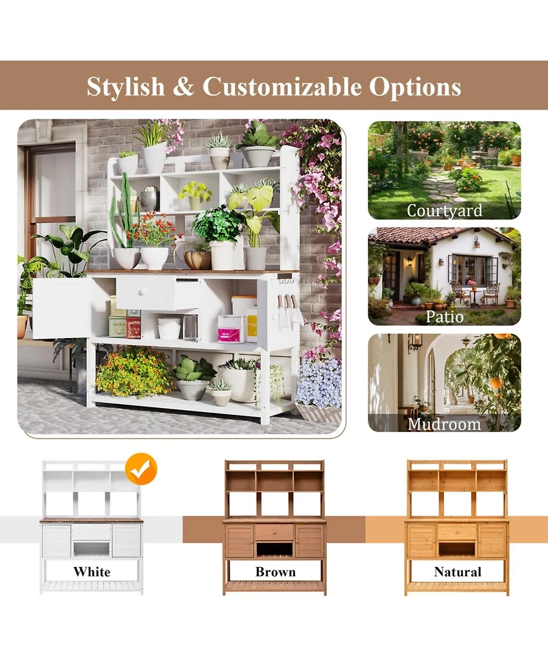 Fir Wood Potting Bench with Hutch & Shelves