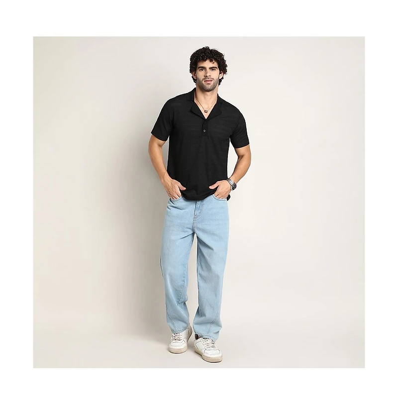 Campus Sutra Men's Onyx Black Panel-Tactile Cuban Polo T-Shirt