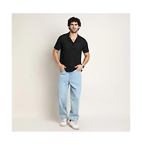 Campus Sutra Men's Onyx Black Panel-Tactile Cuban Polo T-Shirt