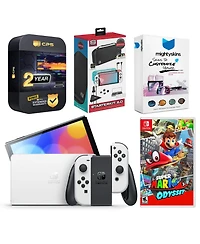 Nintendo Switch White Oled Console with Super Mario Odyssey, Surge Accessory Gaming Kit, MightySkins Console and Controller Skin Voucher, and 2 Year C