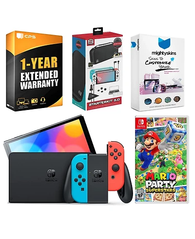 Nintendo Switch Neon Oled with Mario Party Superstars, Gaming Kit, MightySkins Voucher and 1 Year Cps Extended Warranty